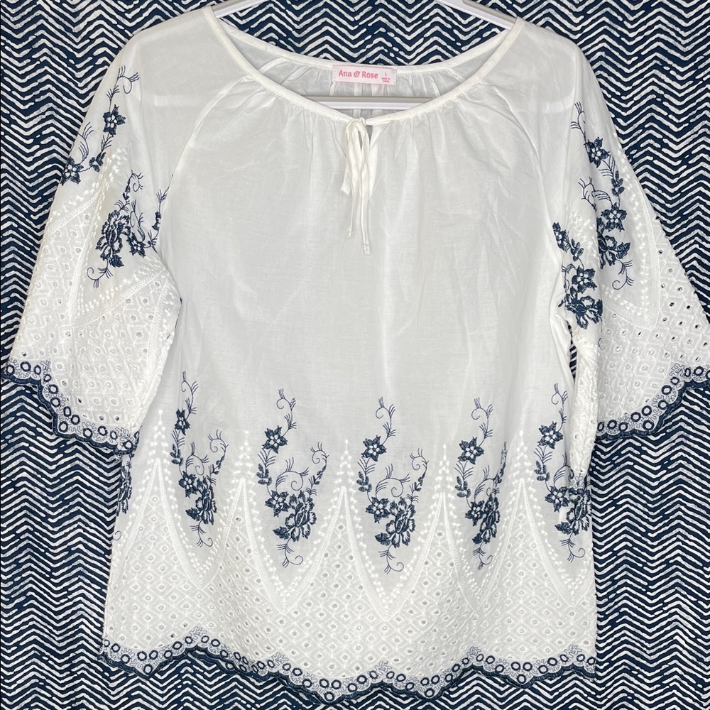 Anne of Rose White Blouse with Navy Embroidery
